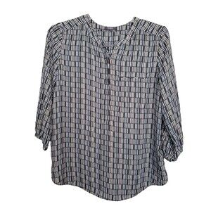 NYDJ Geo Print Half Placket Pleated Back 3/4 Sleeve Blouse Size Large